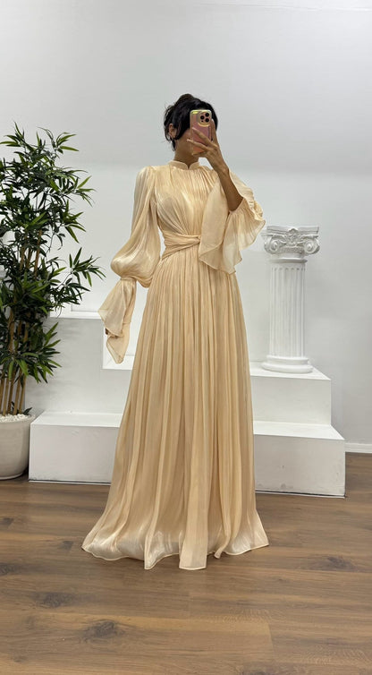 Wedding Guest Pleated Maxi Dress with Long Sleeves for Women