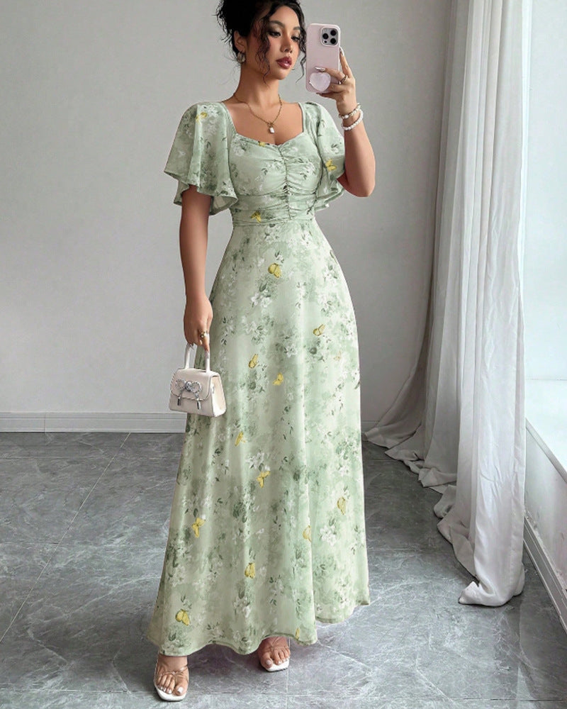 Floral Wedding Guest Maxi Dress with Short Sleeves for Women