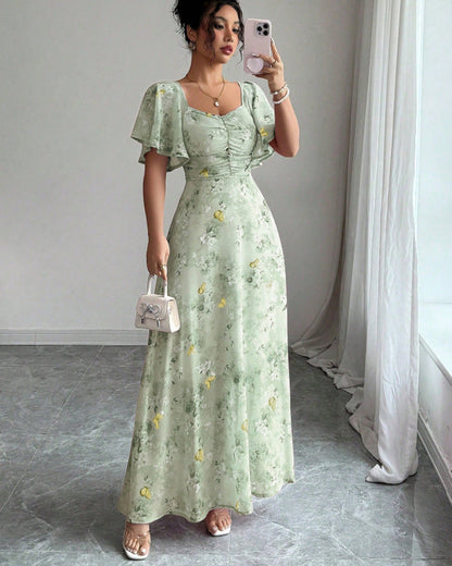 Floral Wedding Guest Maxi Dress with Short Sleeves for Women