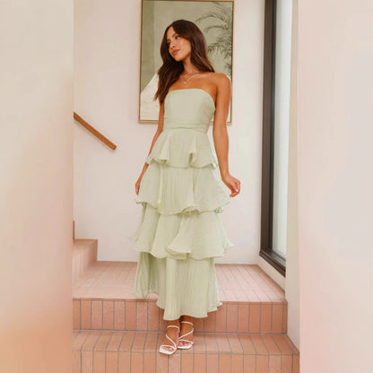 Wedding Guest Strapless Tiered Maxi Dress with Ruffles for Women