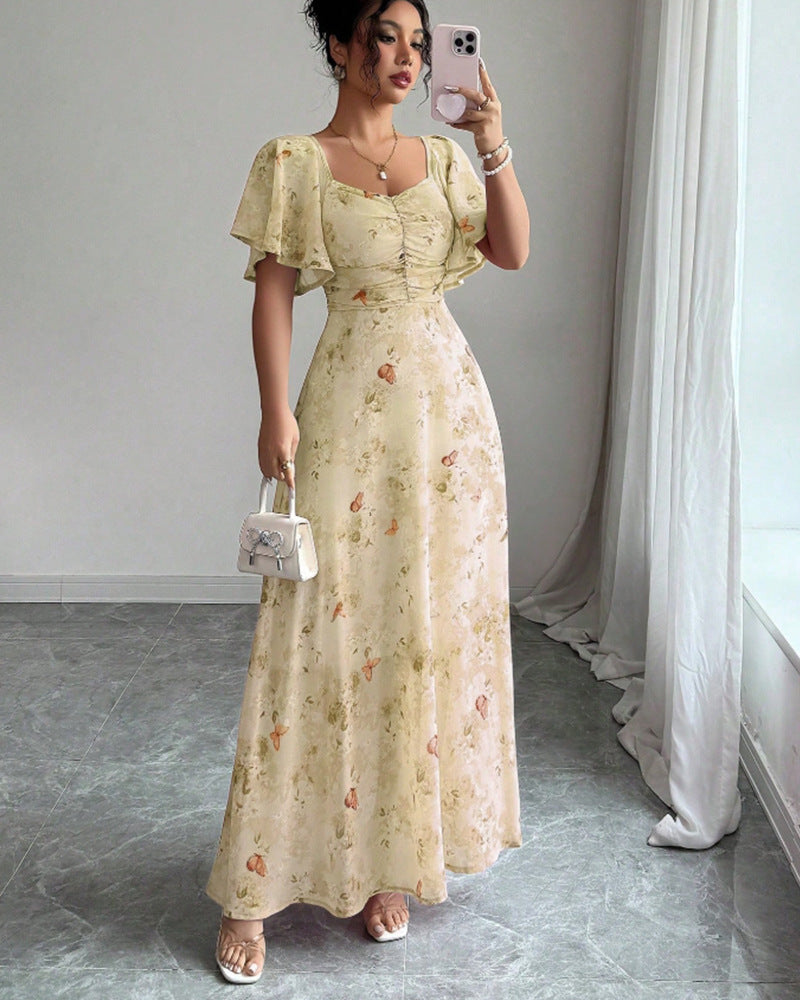 Floral Wedding Guest Maxi Dress with Short Sleeves for Women