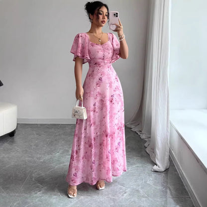 Floral Wedding Guest Maxi Dress with Short Sleeves for Women
