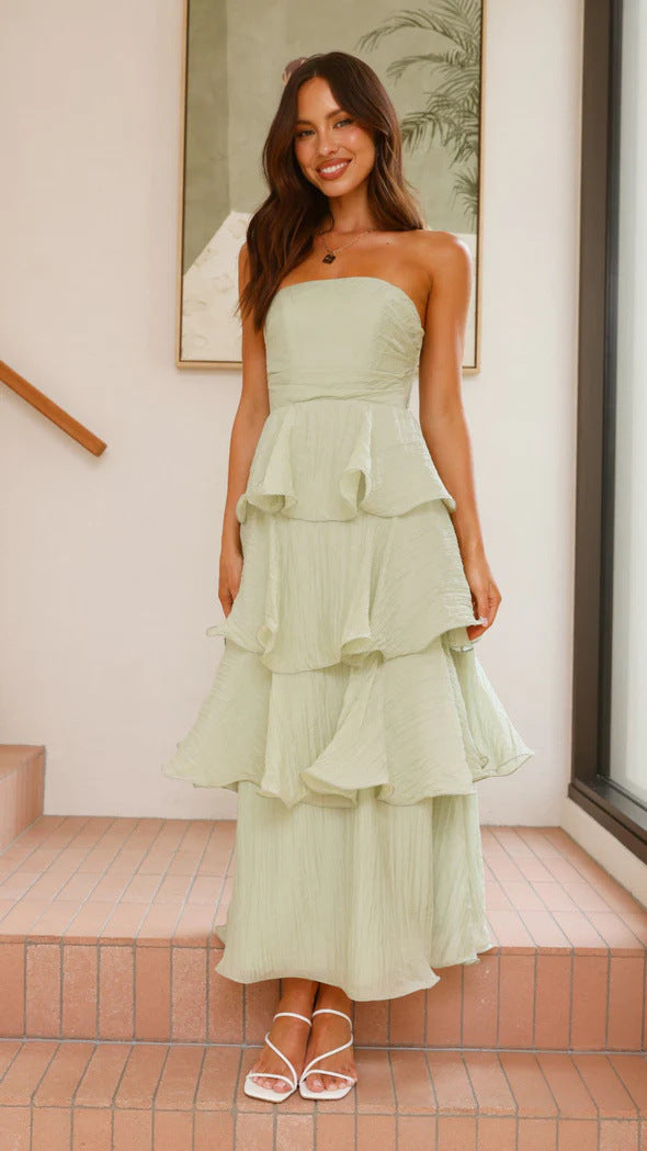 Wedding Guest Strapless Tiered Maxi Dress with Ruffles for Women