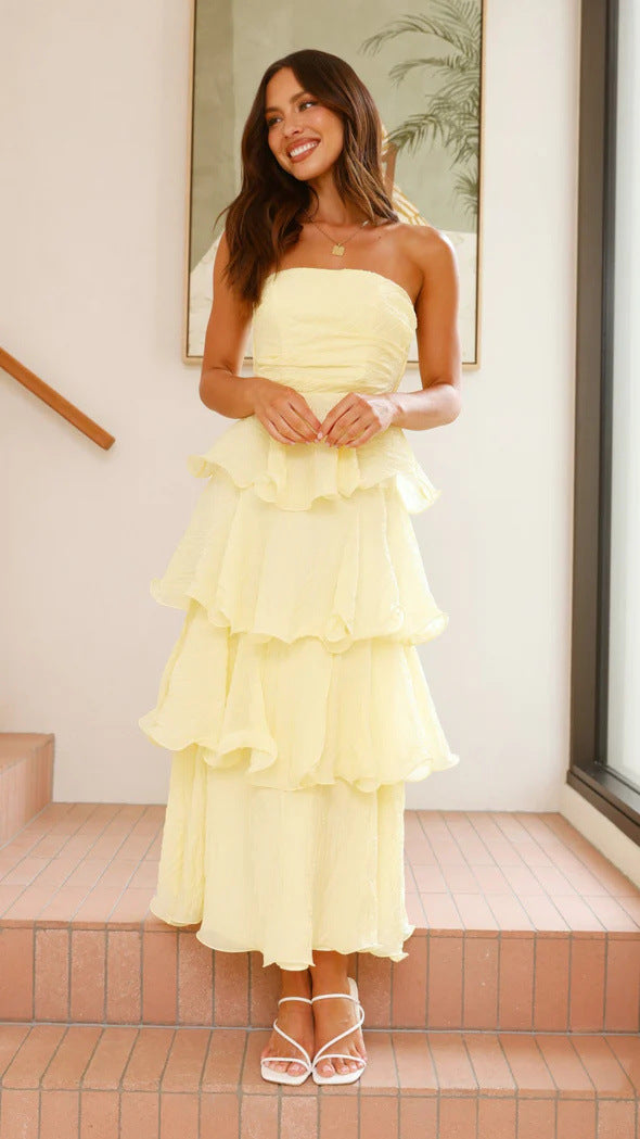 Wedding Guest Strapless Tiered Maxi Dress with Ruffles for Women