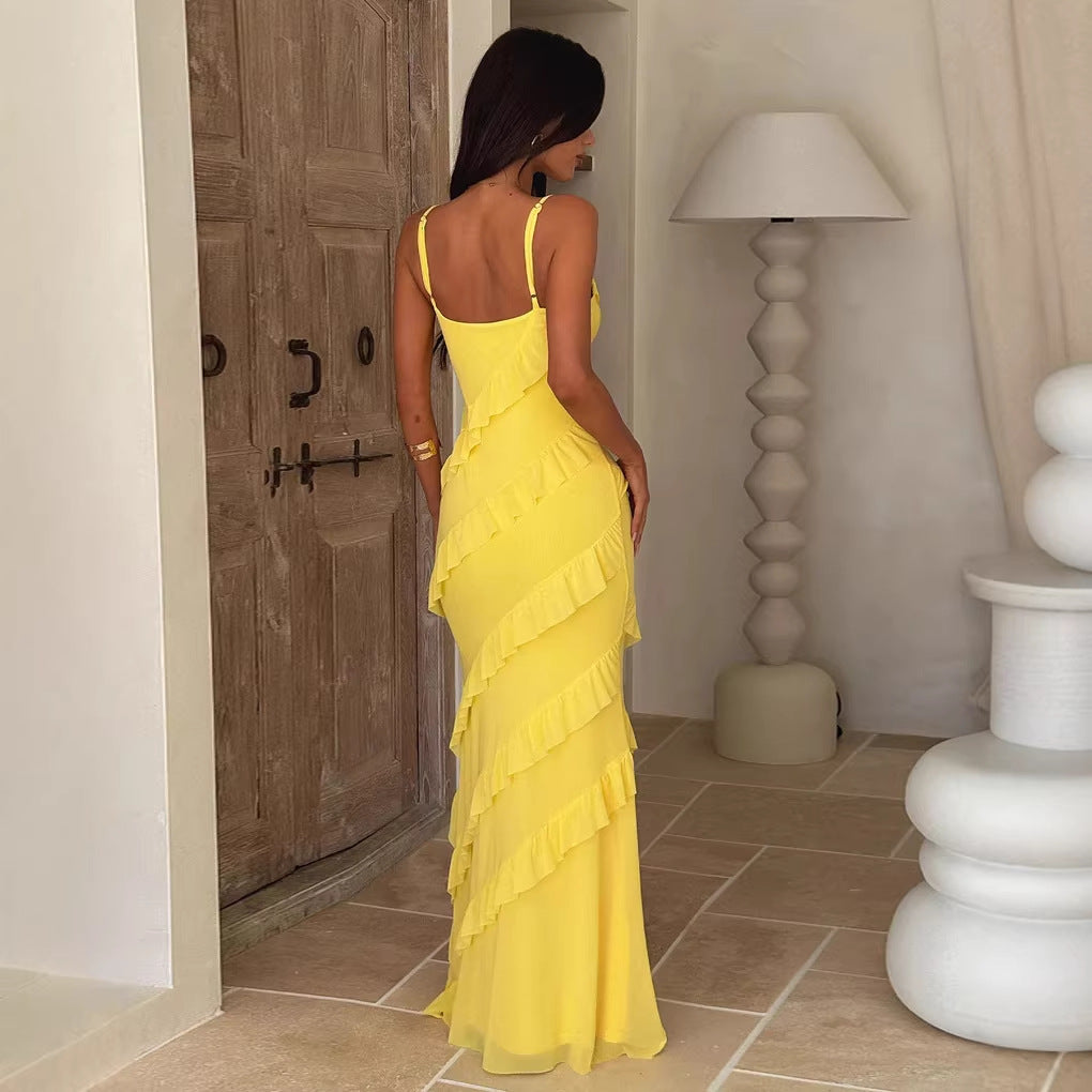 Wedding Guest Maxi Dress with V-Neck and Ruffle Detail for Women