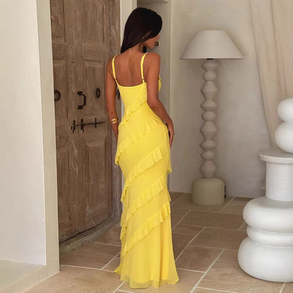 Wedding Guest Maxi Dress with V-Neck and Ruffle Detail for Women