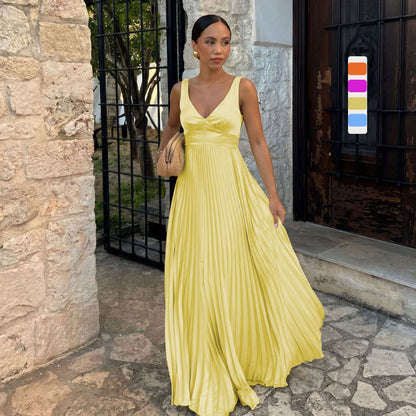Wedding Guest Pleated Maxi Dress with V-Neck for Women