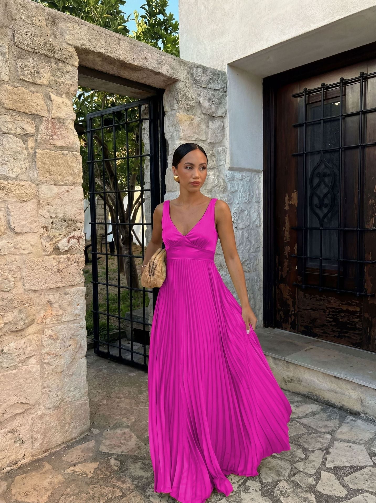 Wedding Guest Pleated Maxi Dress with V-Neck for Women