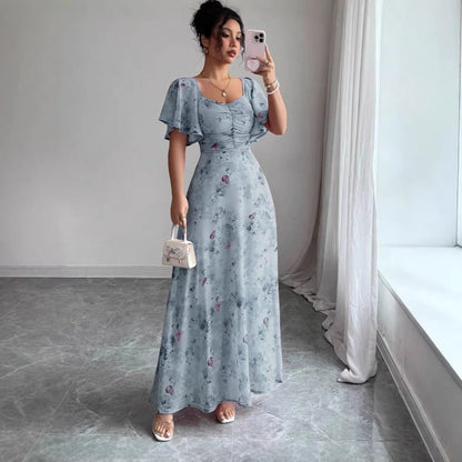 Floral Wedding Guest Maxi Dress with Short Sleeves for Women
