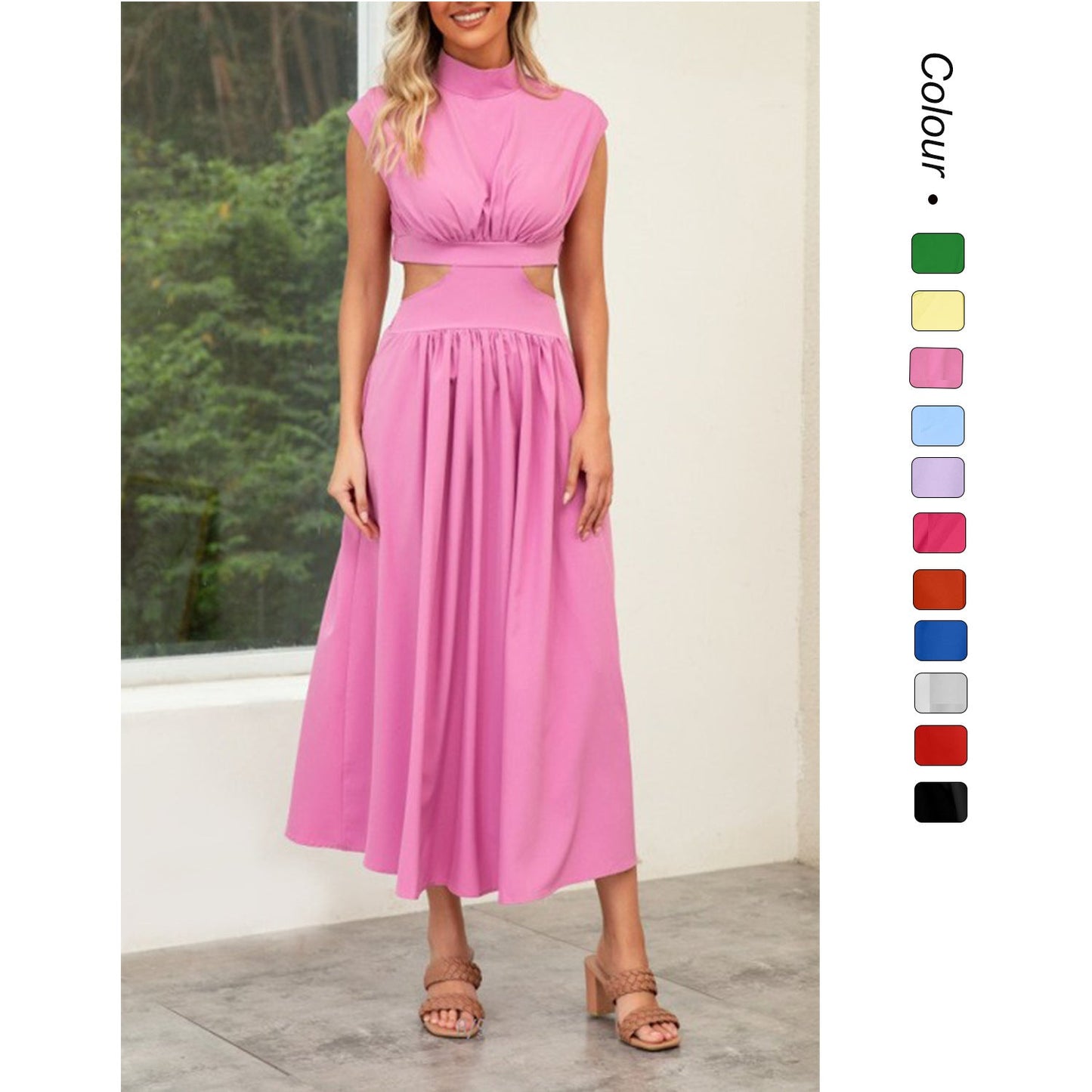 Wedding Guest Cut-Out Maxi Dress with Stand Collar for Women