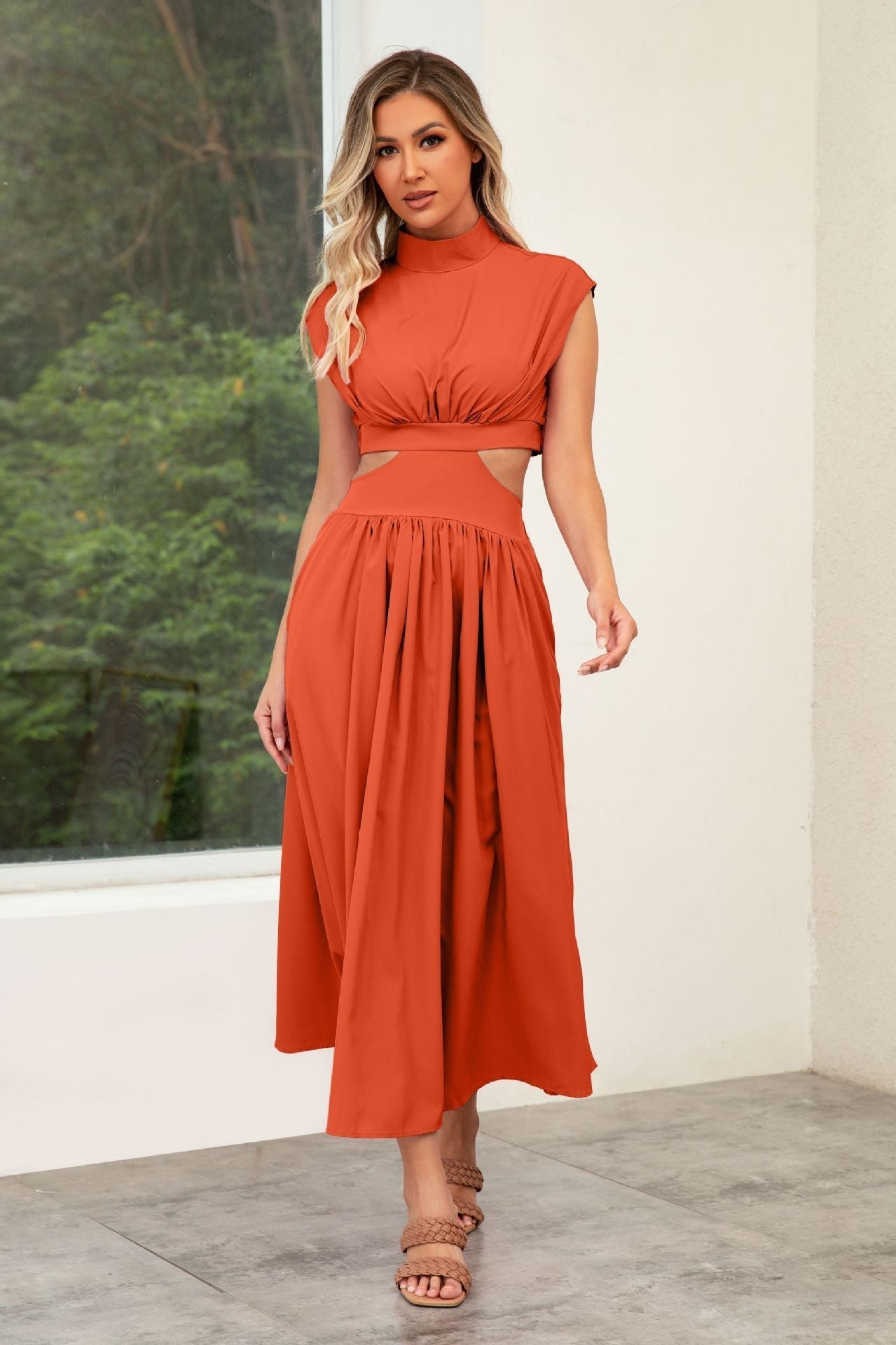 Wedding Guest Cut-Out Maxi Dress with Stand Collar for Women