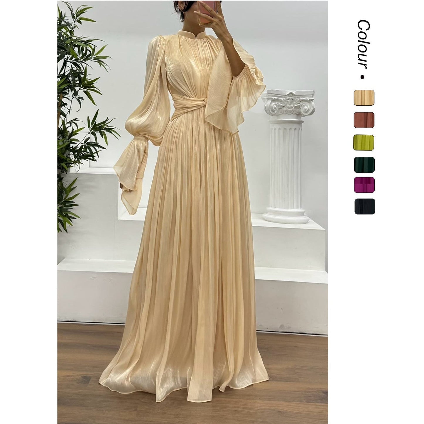 Wedding Guest Pleated Maxi Dress with Long Sleeves for Women