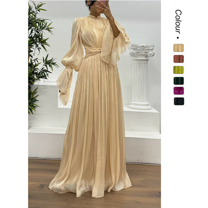 Wedding Guest Pleated Maxi Dress with Long Sleeves for Women