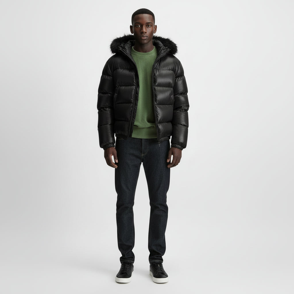 Puffer jacket – Black winter down jacket with hood for men 0