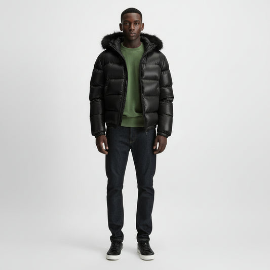 Puffer jacket – Black winter down jacket with hood for men 0