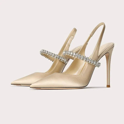 Satin Slingback Heels with Pointed Toe and Crystal Strap for Women