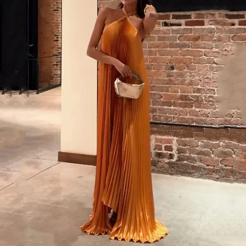 Pleated Halter Maxi Wedding Guest Dress for Women