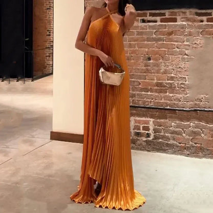 Pleated Halter Maxi Wedding Guest Dress for Women