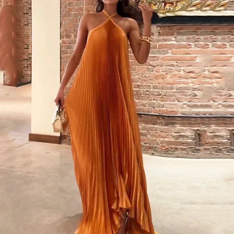Pleated Halter Maxi Wedding Guest Dress for Women