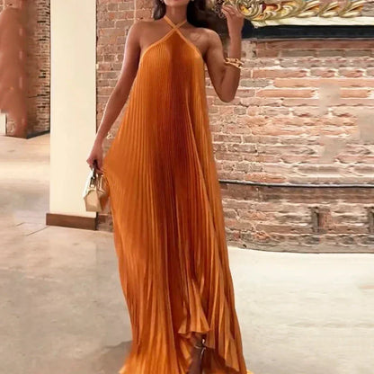 Pleated Halter Maxi Wedding Guest Dress for Women