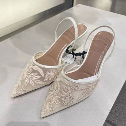 Embroidered Mesh Kitten Heel Slingbacks with Pointed Toe for Women