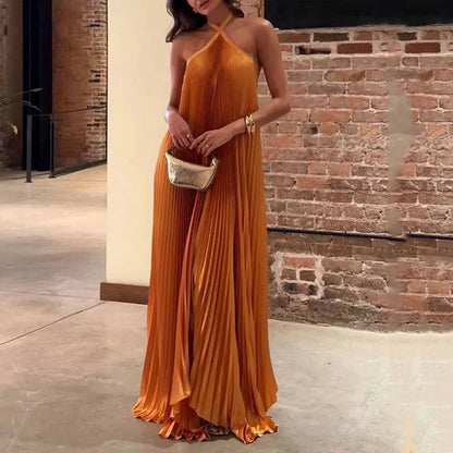Pleated Halter Maxi Wedding Guest Dress for Women