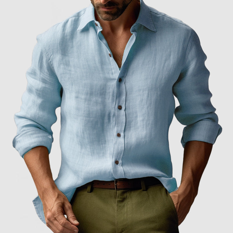 Linen Shirt with Button-Down Collar and Long Sleeves for Men