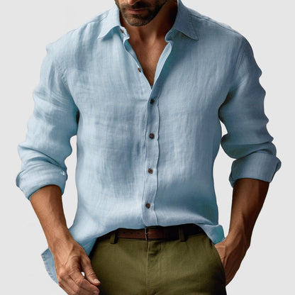 Linen Shirt with Button-Down Collar and Long Sleeves for Men