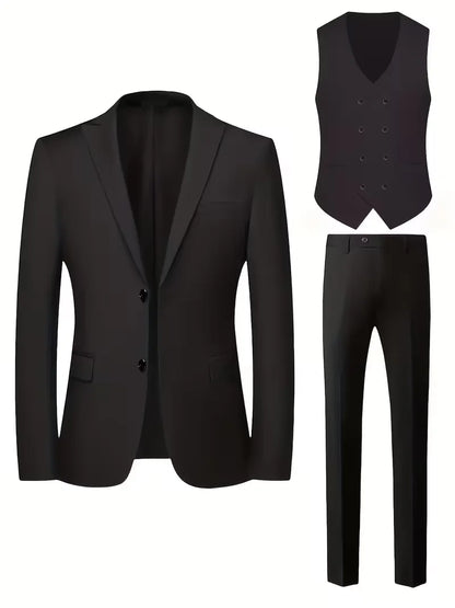 Slim Fit Double-Breasted Three-Piece Suit Set with Waistcoat for Men
