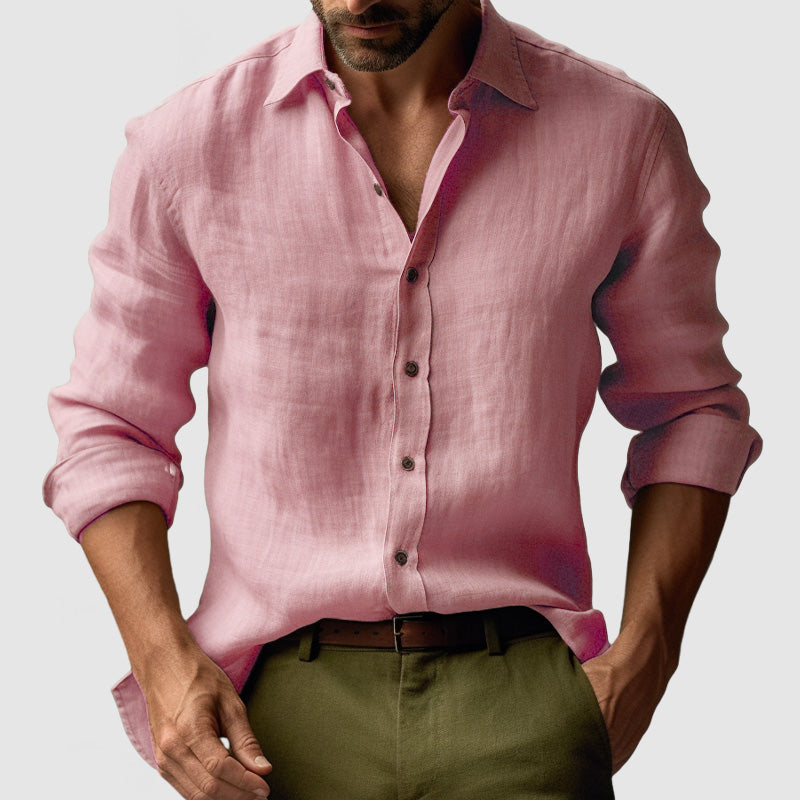 Linen Shirt with Button-Down Collar and Long Sleeves for Men