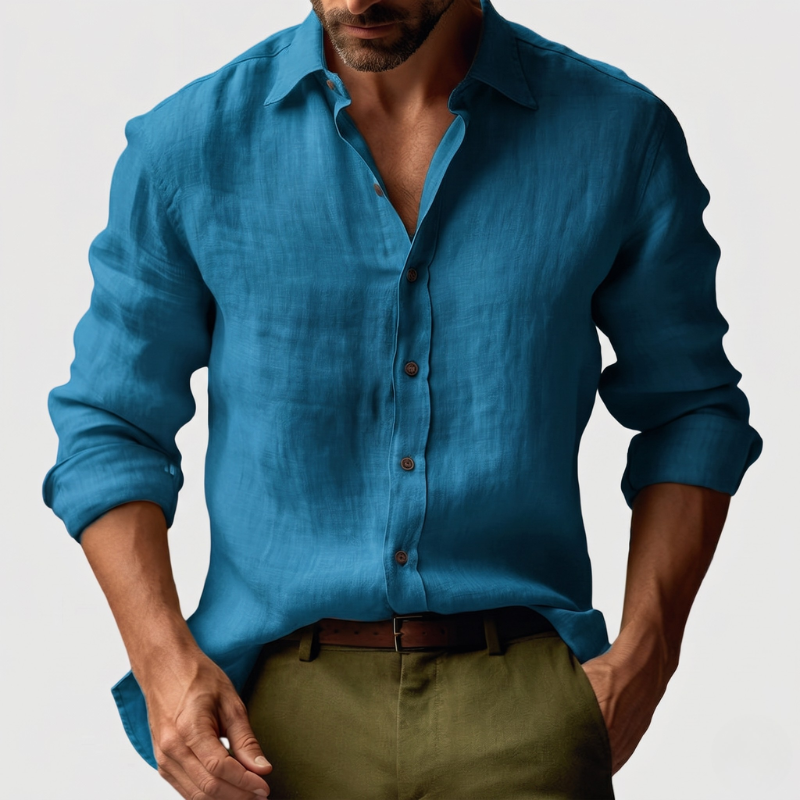 Linen Shirt with Button-Down Collar and Long Sleeves for Men