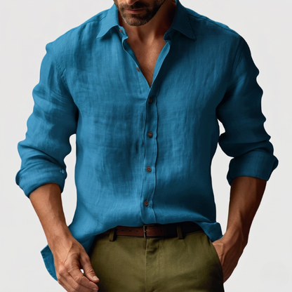Linen Shirt with Button-Down Collar and Long Sleeves for Men