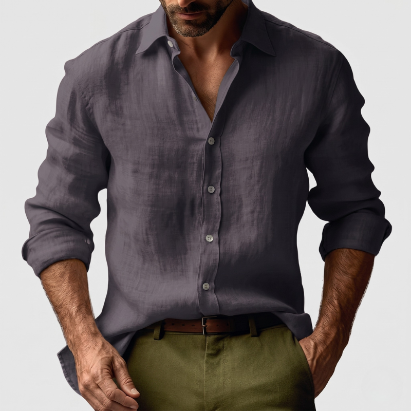 Linen Shirt with Button-Down Collar and Long Sleeves for Men