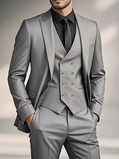 Slim Fit Double-Breasted Three-Piece Suit Set with Waistcoat for Men