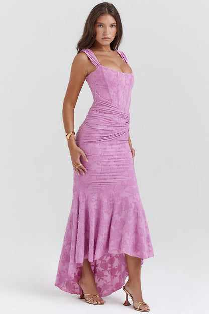 Ruched Lace Maxi Wedding Guest Dress for Women