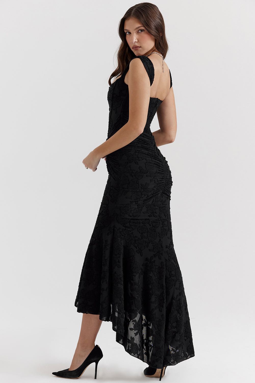 Ruched Lace Maxi Wedding Guest Dress for Women