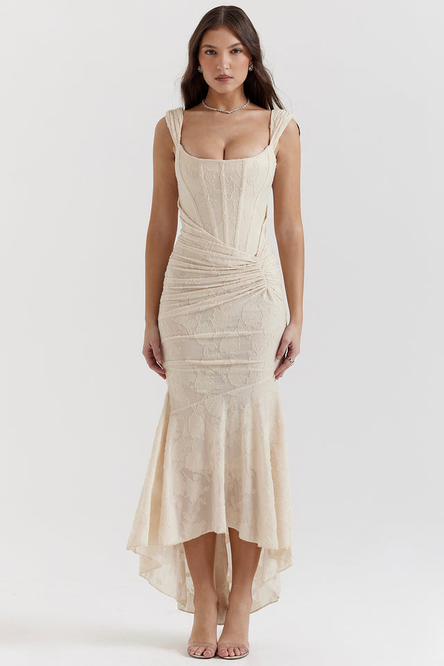 Ruched Lace Maxi Wedding Guest Dress for Women