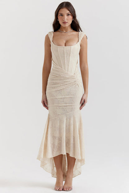 Ruched Lace Maxi Wedding Guest Dress for Women