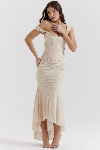 Ruched Lace Maxi Wedding Guest Dress for Women