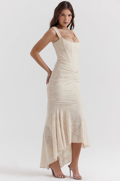 Ruched Lace Maxi Wedding Guest Dress for Women