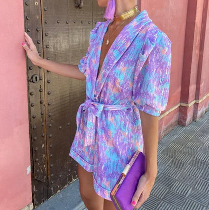 Wedding Guest Romper with Puff Sleeves and Belt for Women