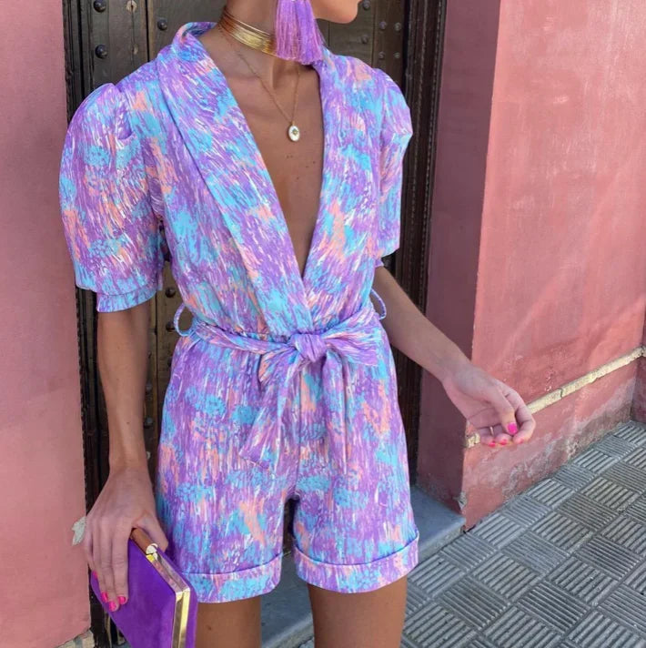 Wedding Guest Romper with Puff Sleeves and Belt for Women