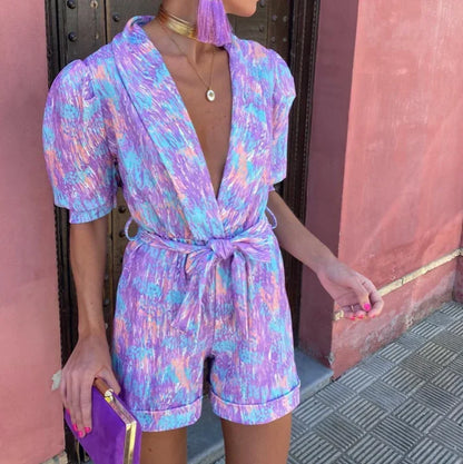 Wedding Guest Romper with Puff Sleeves and Belt for Women
