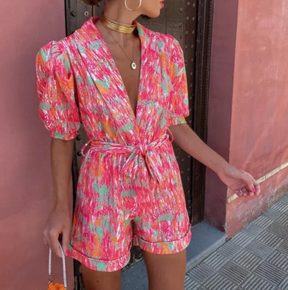 Wedding Guest Romper with Puff Sleeves and Belt for Women