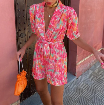 Wedding Guest Romper with Puff Sleeves and Belt for Women