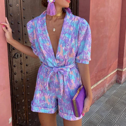 Wedding Guest Romper with Puff Sleeves and Belt for Women