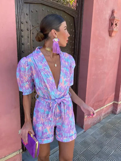 Wedding Guest Romper with Puff Sleeves and Belt for Women