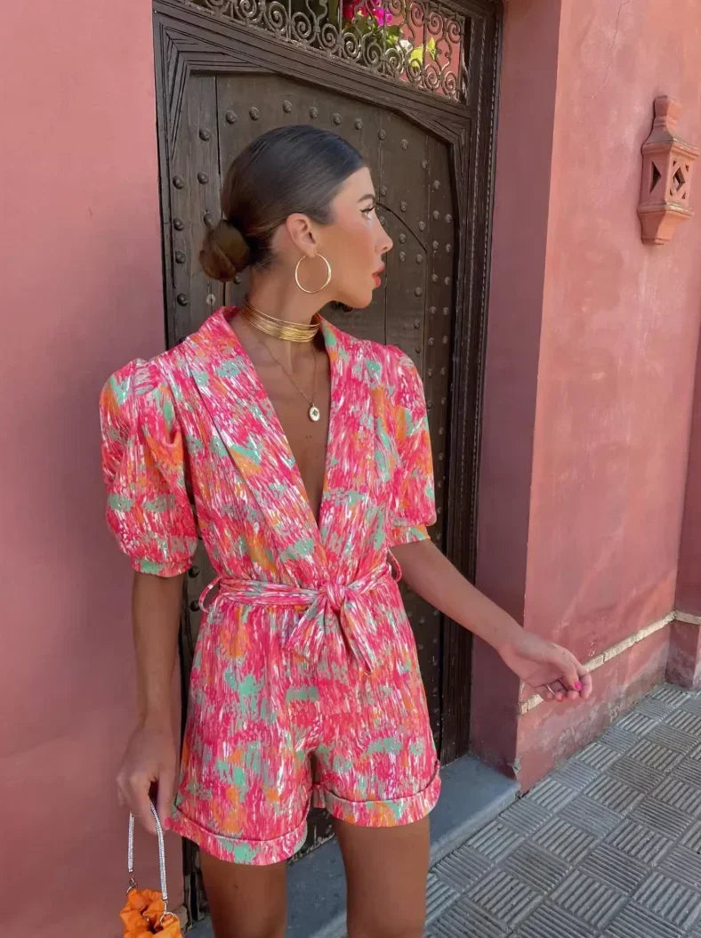 Wedding Guest Romper with Puff Sleeves and Belt for Women