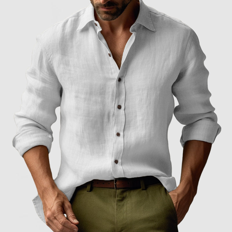 Linen Shirt with Button-Down Collar and Long Sleeves for Men