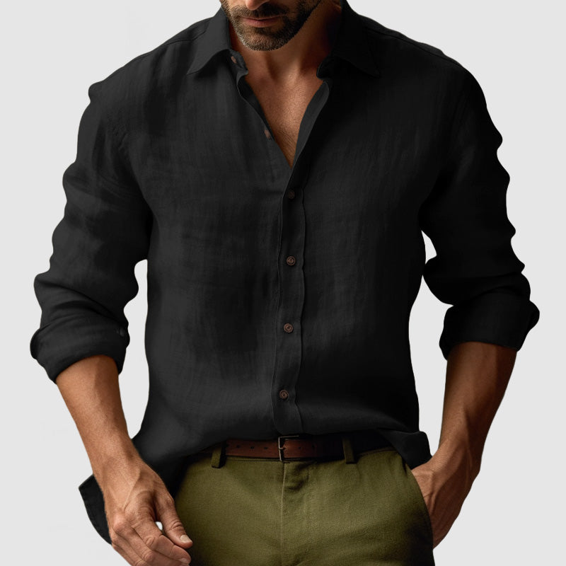 Linen Shirt with Button-Down Collar and Long Sleeves for Men